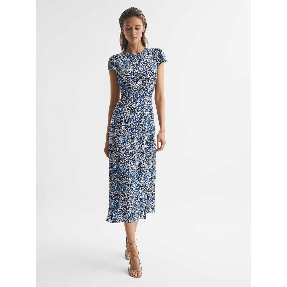 Reiss Blue and White Floral Print Midi Dress